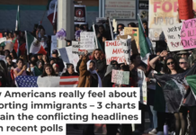 A protest in San Diego against the Trump administration’s mass deportation plan, Jan. 31, 2025. Carlos Moreno/NurPhoto via Getty Images